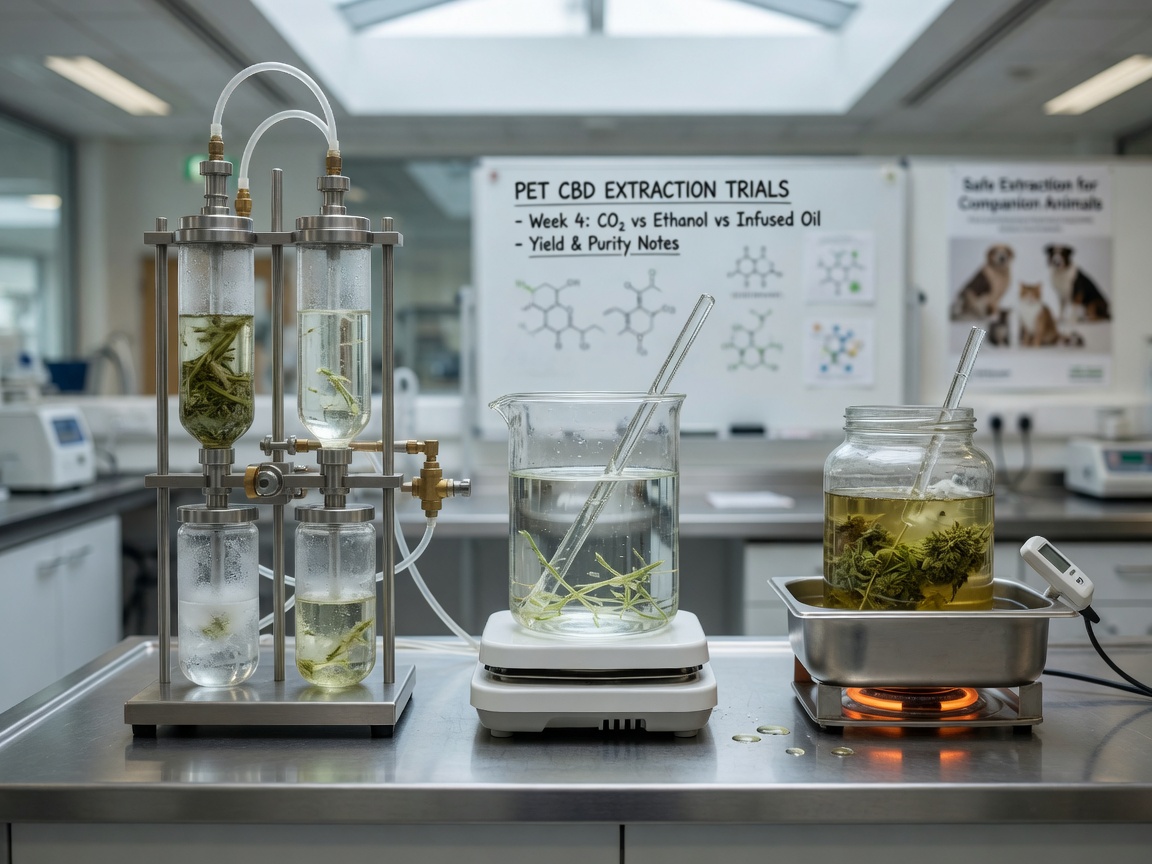 Three CBD extraction method setups: pressurised CO₂ apparatus, ethanol solvent beaker, and oil infusion heating setup in a clean laboratory environment