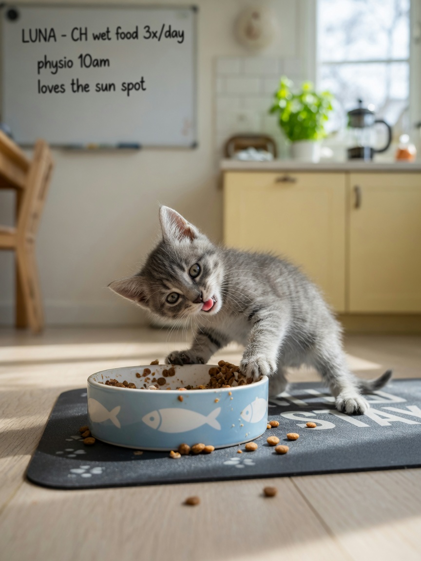 A young kitten with tremors attempting to eat from a food bowl, demonstrating difficulty with precise movements