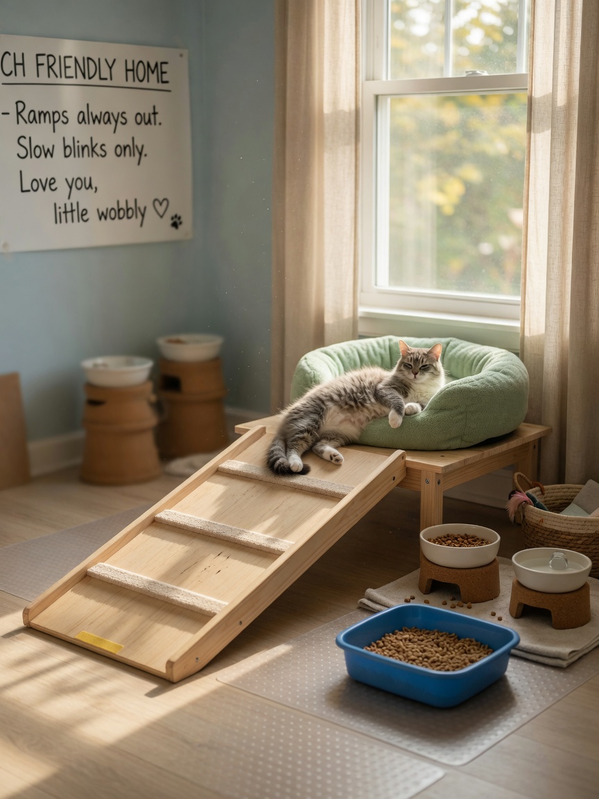 A cat-friendly home environment with ramps, non-slip flooring, and accessible food and litter boxes designed for a cat with cerebellar hypoplasia