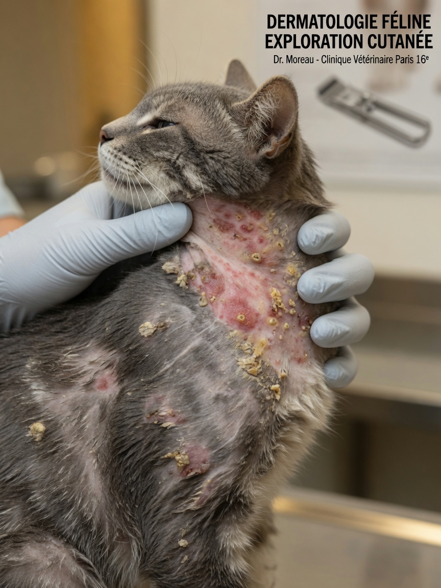 Veterinarian examining a cat's inflamed skin with visible pustules and hair loss characteristic of flea allergy dermatitis