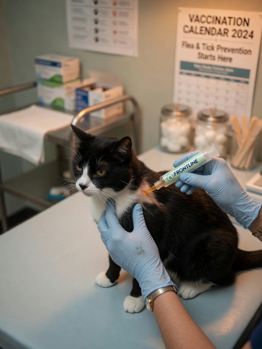 Veterinarian applying flea prevention spot-on treatment to a cat during a clinical examination