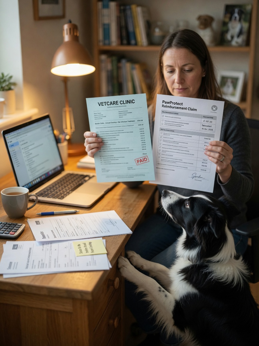 Pet owner processing insurance claim at desk with border collie nearby, illustrating the reimbursement process
