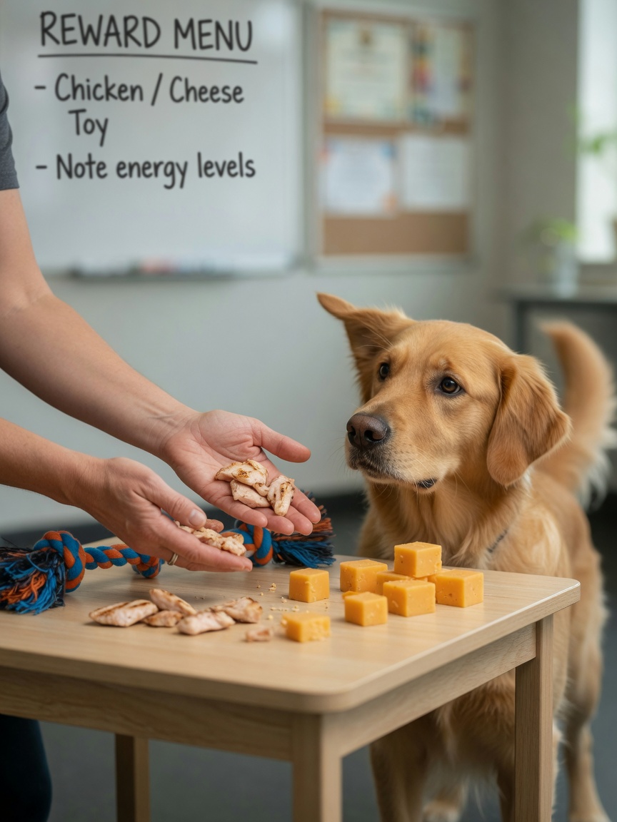 Trainer displaying various high-value dog rewards including chicken, cheese, and toys, with an attentive dog watching.