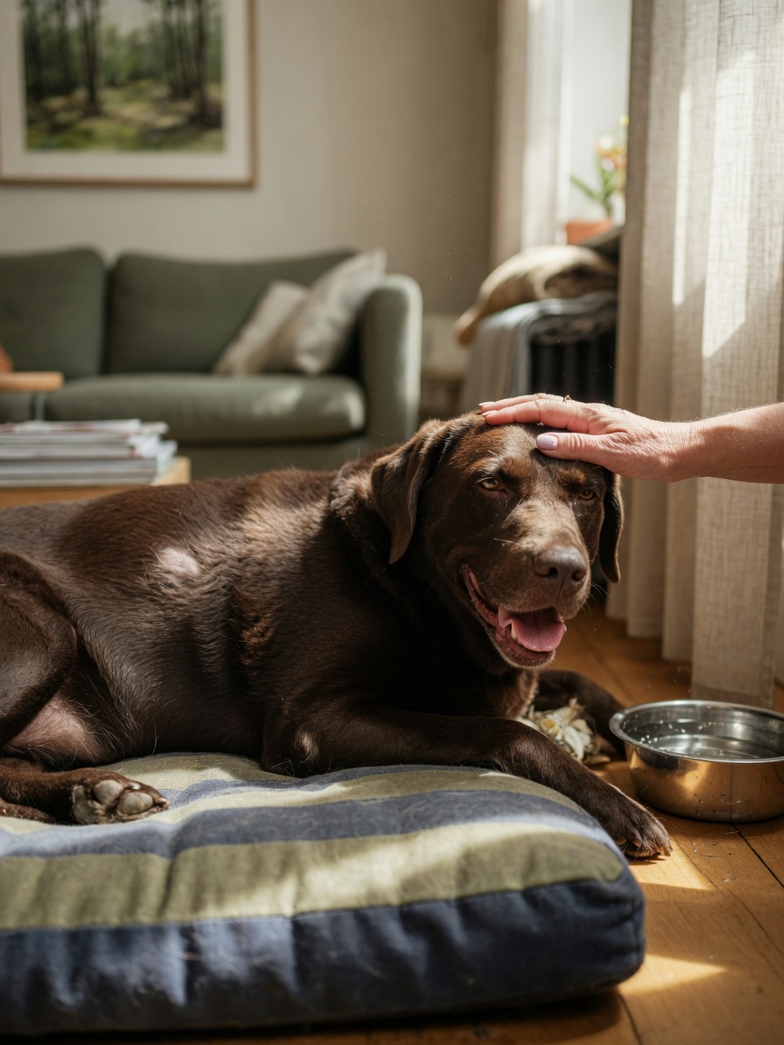 Dog resting on a bed showing potential side effects of prednisone treatment with increased water intake nearby