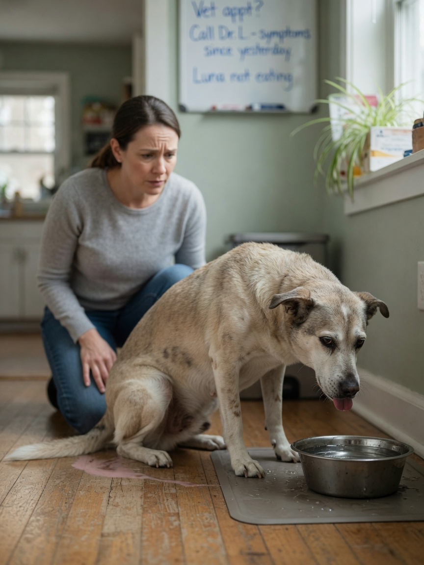 An unwell female dog displaying lethargy and excessive thirst near a water bowl while owner watches with concern