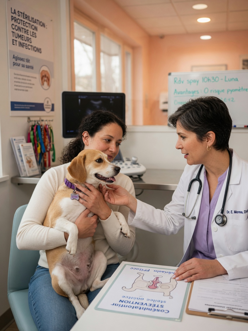 Female dog with owner consulting with veterinarian about preventative spay surgery at clinic appointment