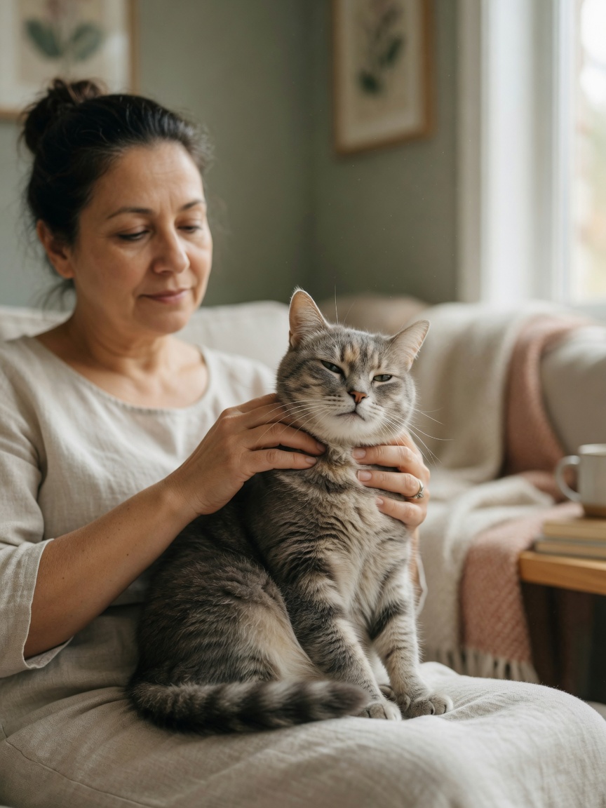 Owner gently stroking and comforting cat during reverse sneezing episode