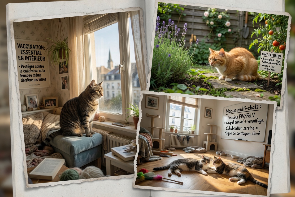 Different cat living environments showing indoor, outdoor, and multi-cat household scenarios that influence vaccination requirements