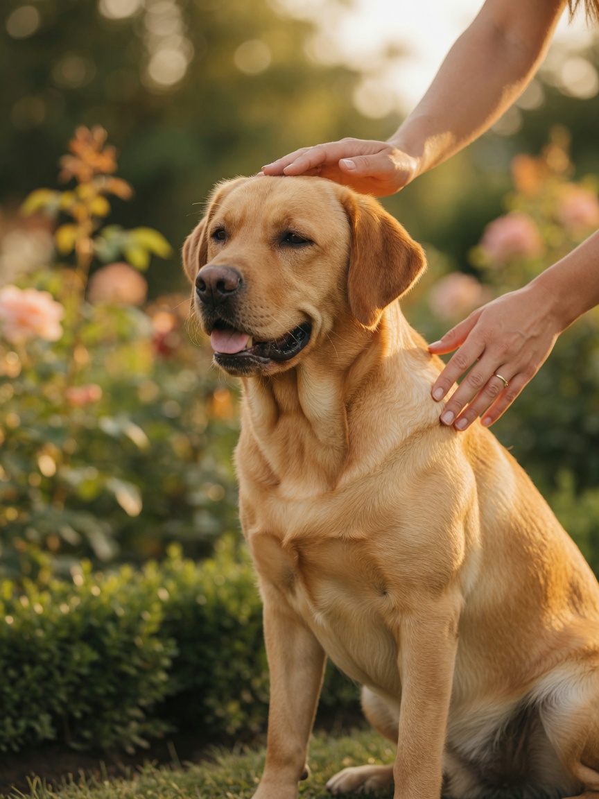 Golden Labrador Retriever with glossy healthy coat in natural sunlight, owner stroking its back