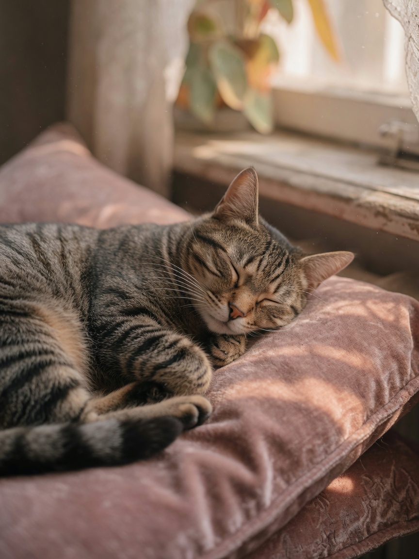 Peaceful tabby cat resting on soft cushion with warm window light, eyes closed in relaxed state