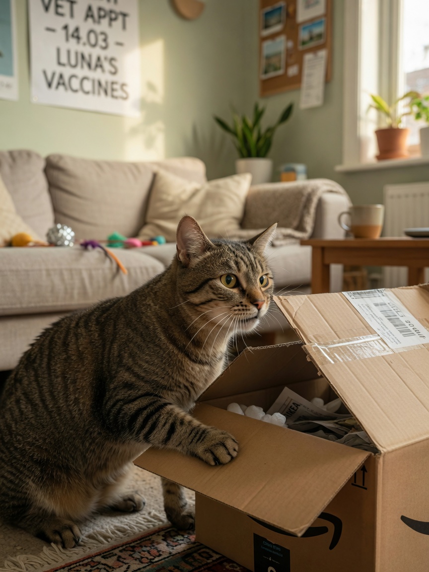 Male cat investigating a cardboard box with alert, focused sensory behaviour