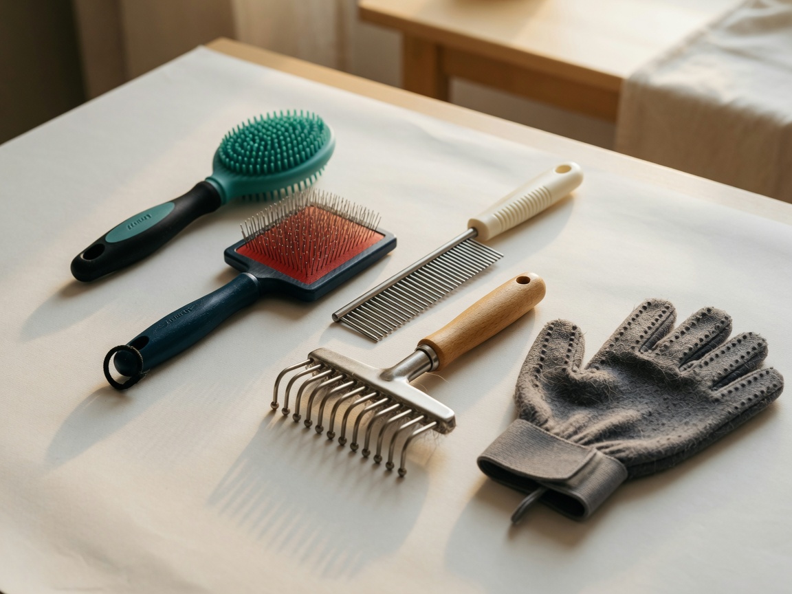 Various cat brushes and grooming tools arranged to show different options