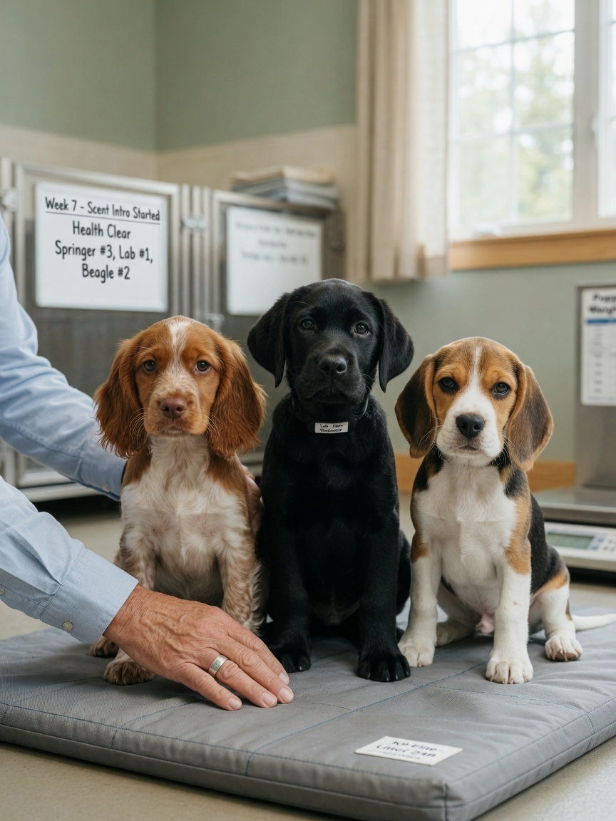 Puppies of different detection dog breeds including Springer Spaniel, Labrador Retriever, and Beagle representing naturally gifted scent-detection bloodlines
