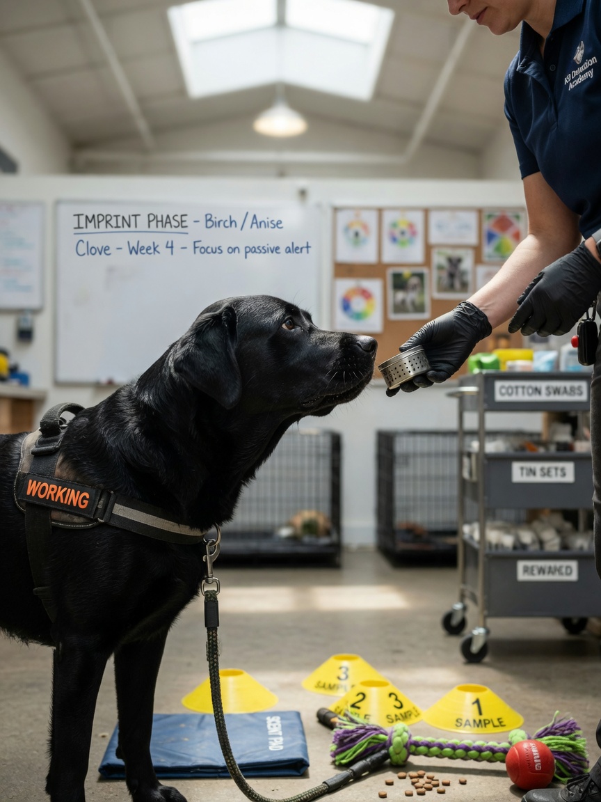 A Labrador Retriever performing scent imprinting training, demonstrating the specialized reward-based training methodology used in detection dog programmes