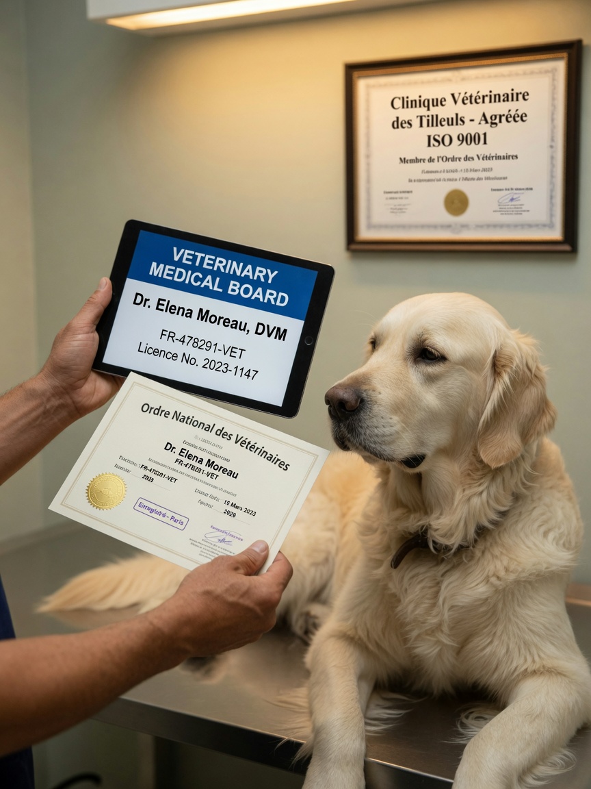 Veterinarian displaying verified credentials and registration documents while a calm dog sits nearby on examination table