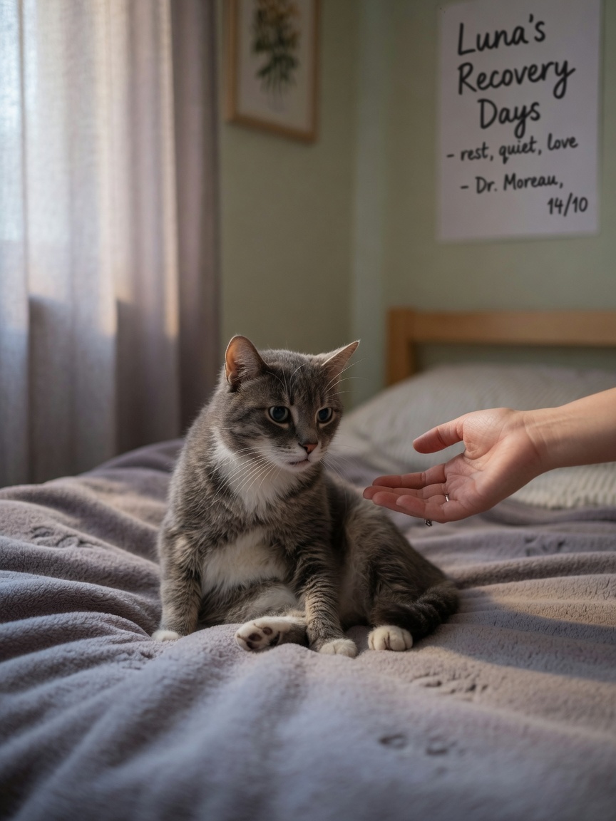 A disoriented cat recovering in a post-seizure state resting on a soft blanket in a quiet room with an owner's gentle hand nearby
