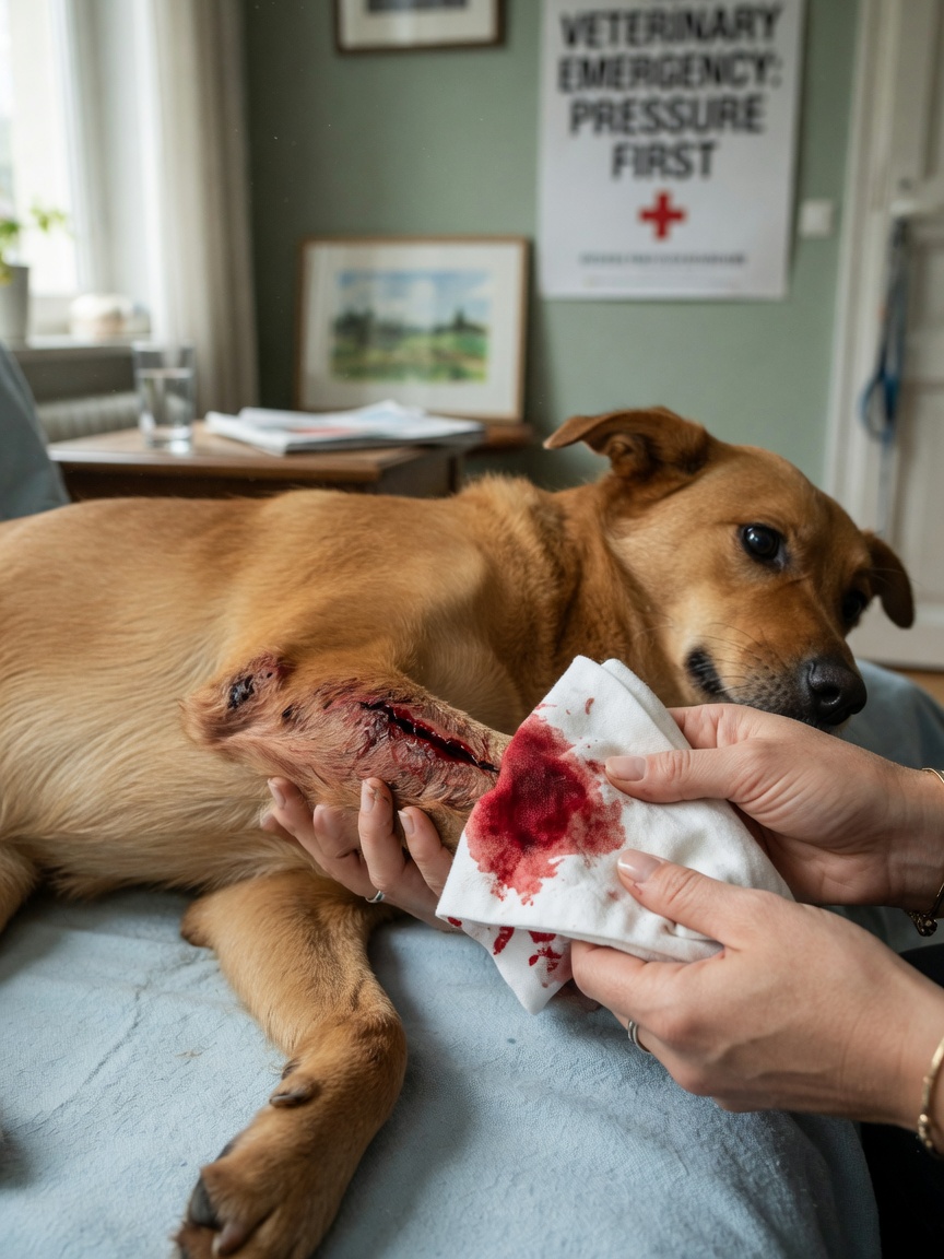 Owner applying direct pressure with a clean cloth to control bleeding from a dog's wound