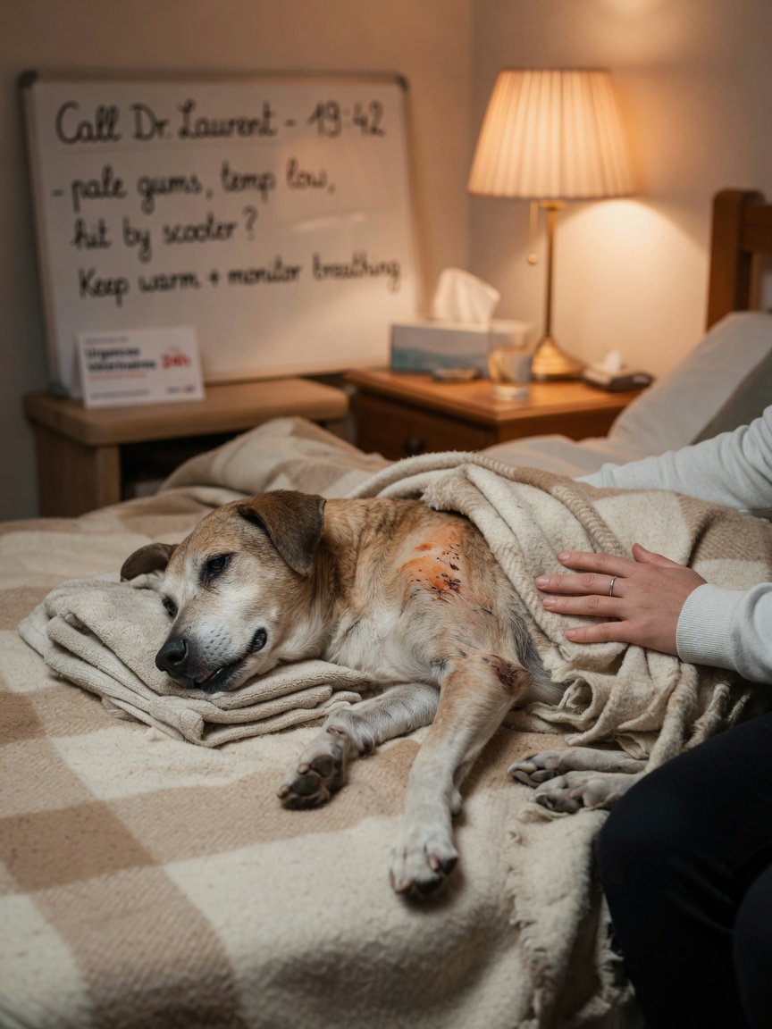 Owner comforting an injured dog wrapped in a blanket, providing warmth and reassurance for shock symptoms