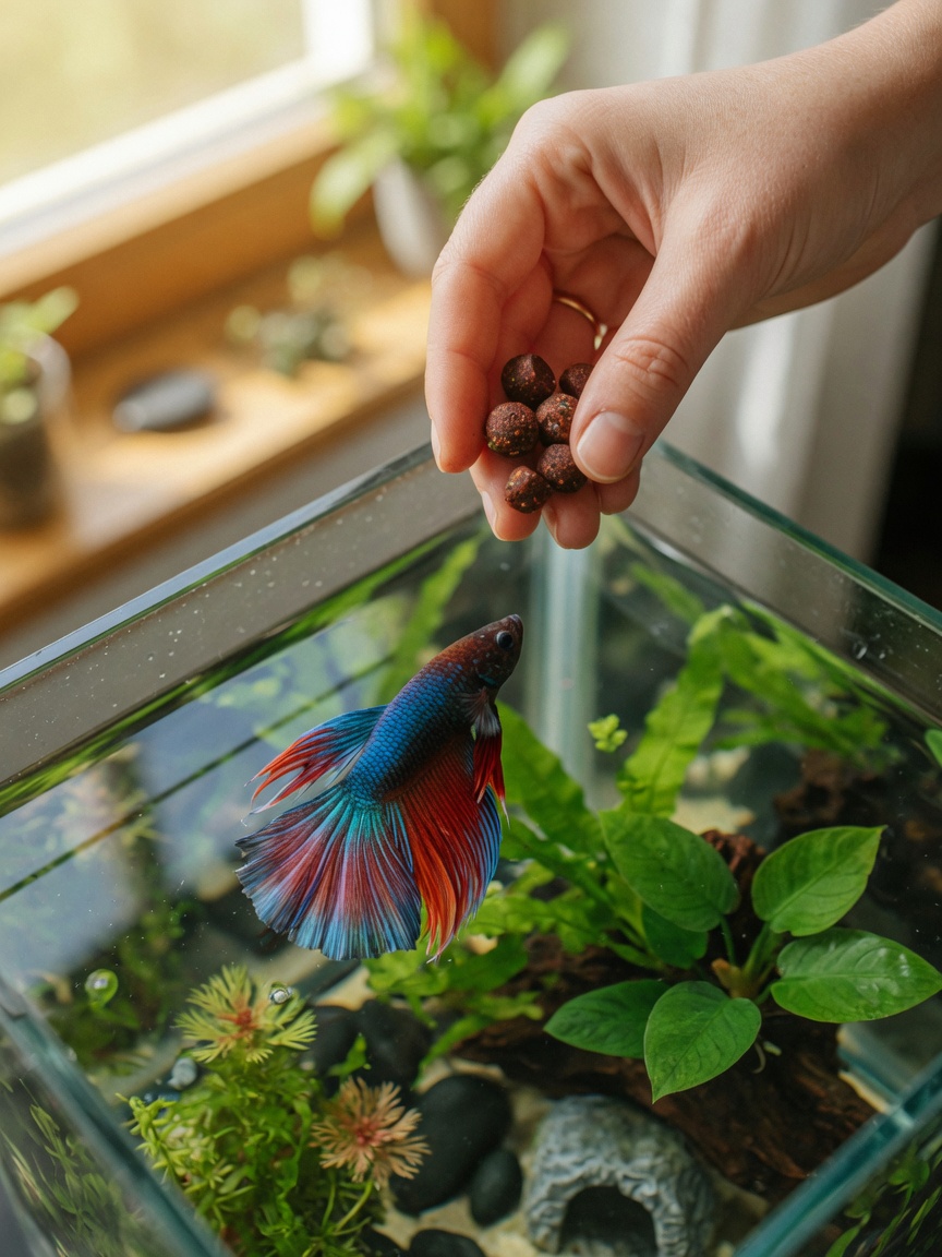 Hand feeding appropriate portion of pellets to healthy betta fish