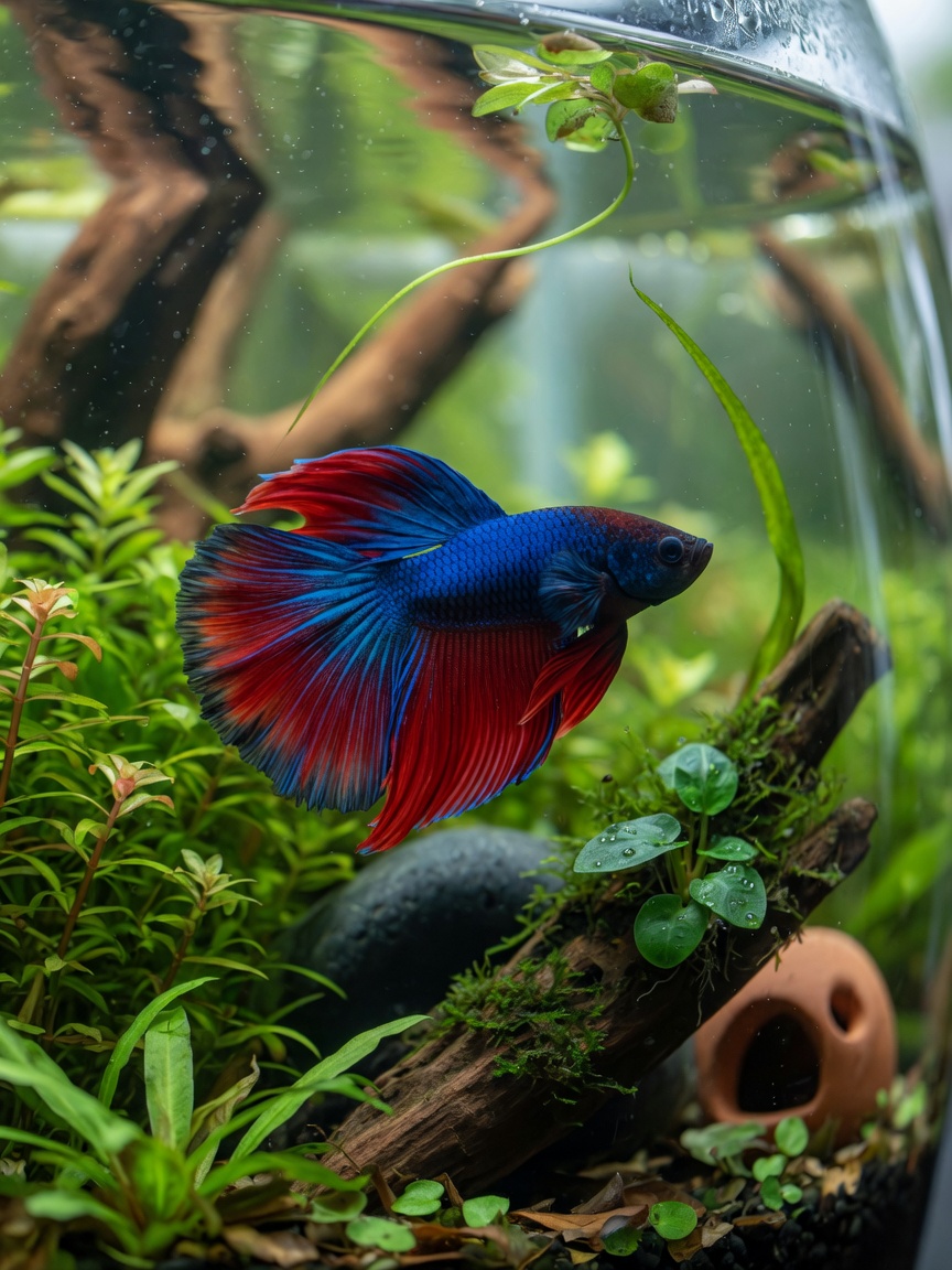 Active healthy betta fish swimming through planted aquarium with enrichment