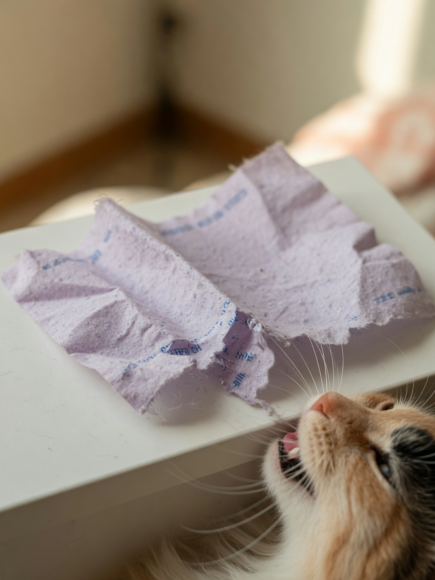 Close-up of dryer sheet with cat's mouth in foreground, showing risk of ingestion