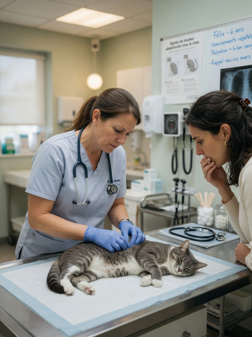 Veterinarian examining cat's abdomen on clinic table while owner watches