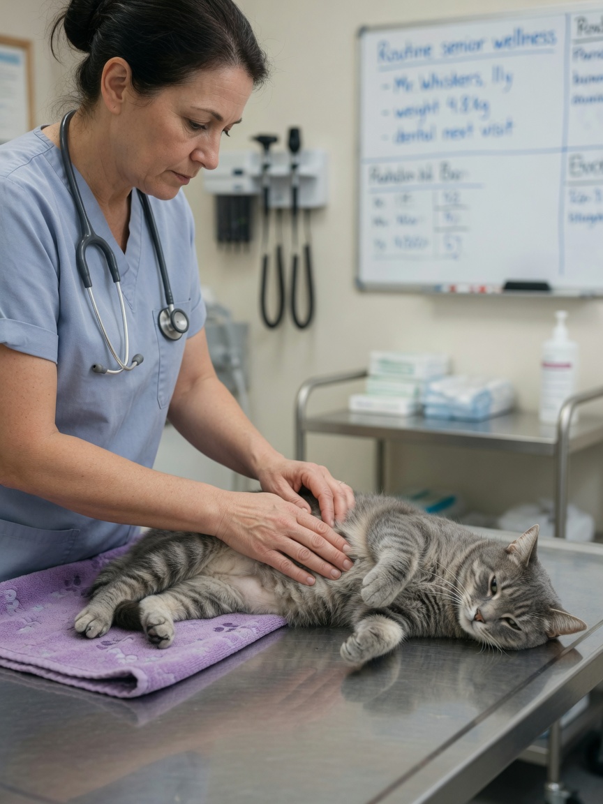 A veterinarian performing a thorough physical examination of a cat's abdomen on an examination table