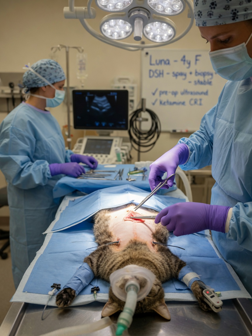 Veterinary surgeon performing emergency abdominal surgery on cat to remove foreign body obstruction