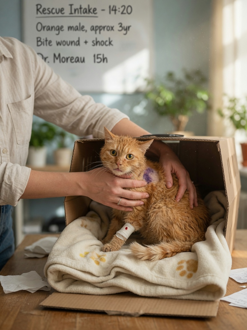 Person gently placing injured cat into cardboard carrier lined with blanket