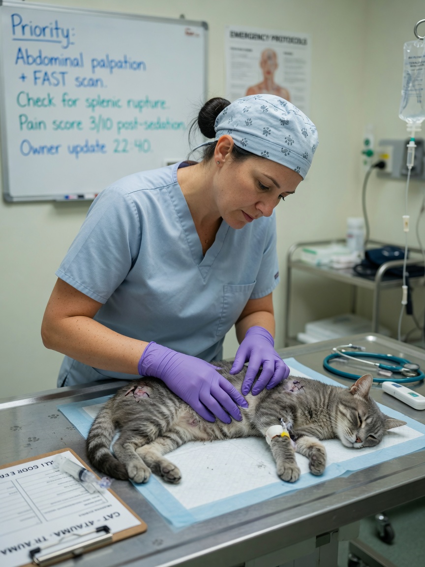 Veterinarian performing abdominal examination on injured cat at emergency clinic