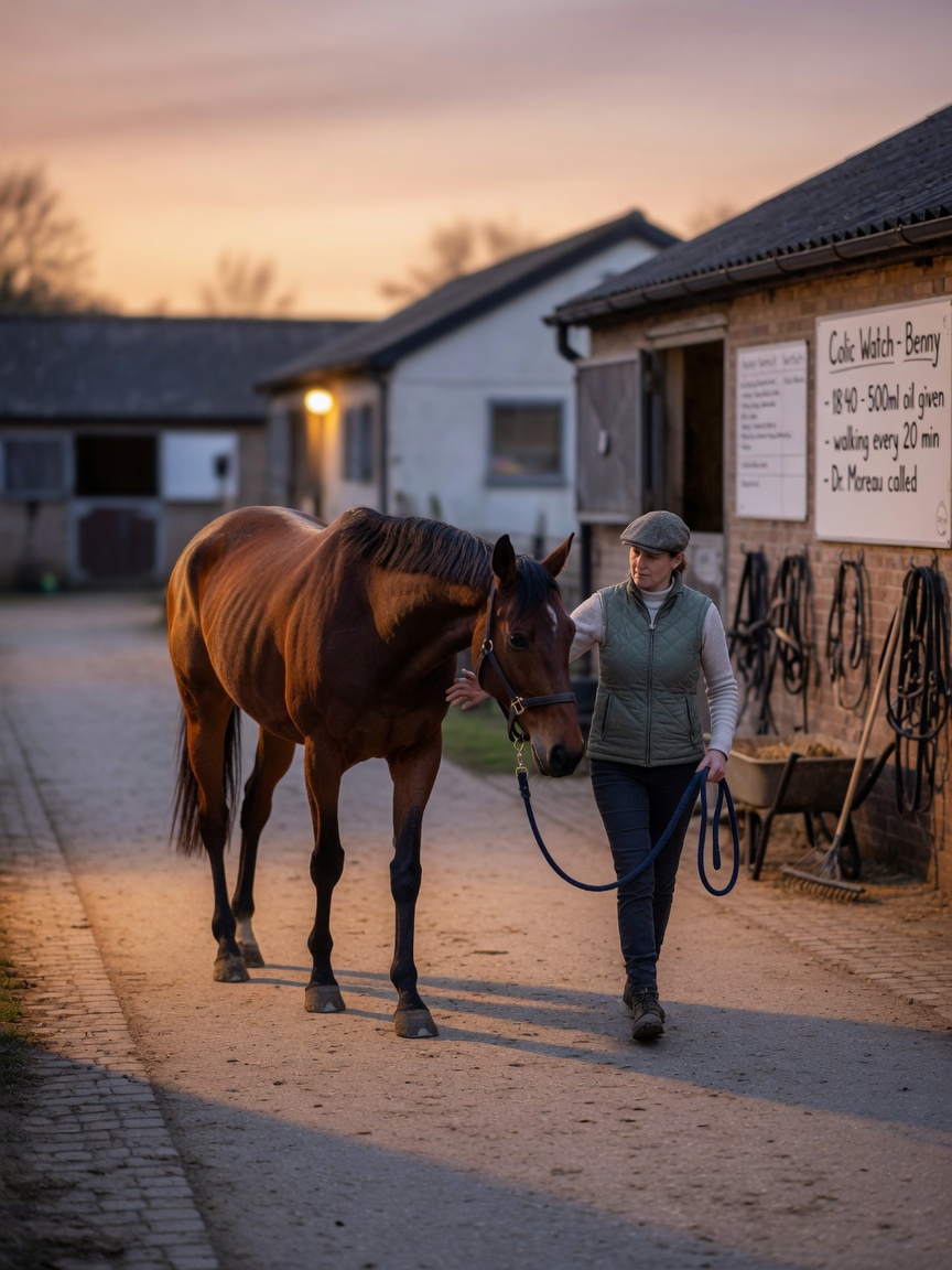 Horse owner walking distressed horse gently in hand during colic episode