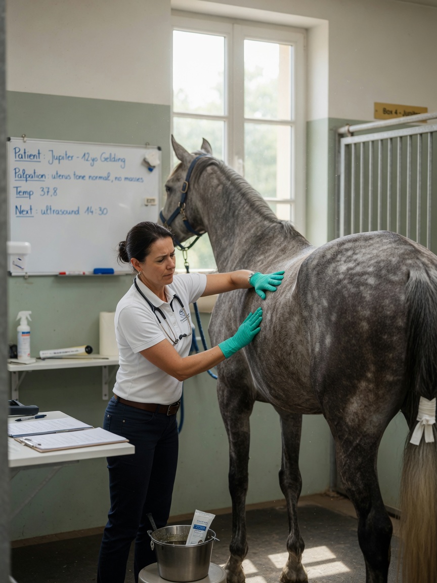 Equine veterinarian performing clinical examination on horse during colic assessment