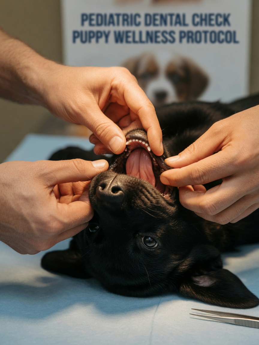 Veterinarian examining inside mouth of black Labrador puppy during choking emergency on examination table