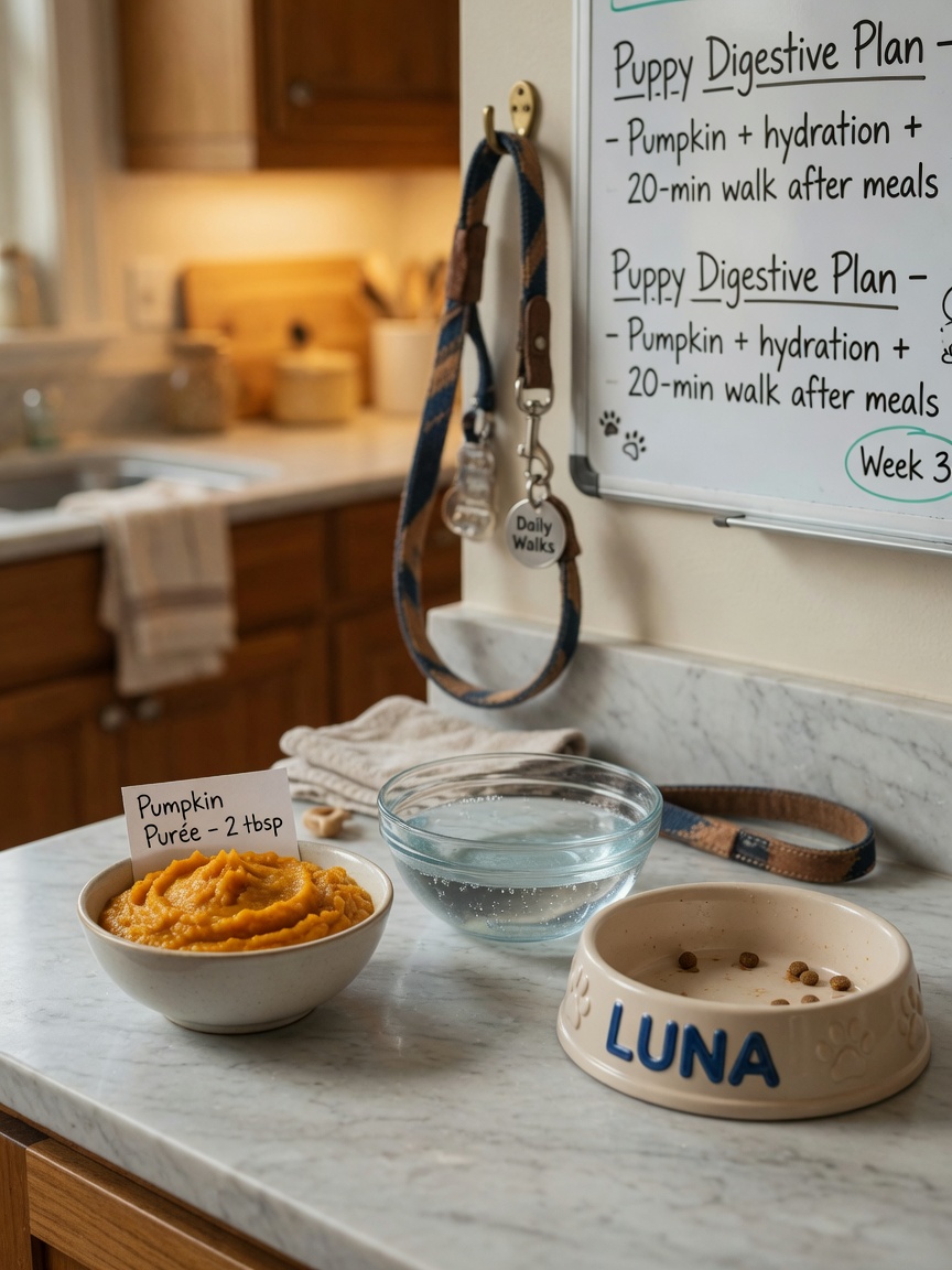 Home remedies for puppy constipation including pumpkin puree, fresh water, and a food bowl on a kitchen counter
