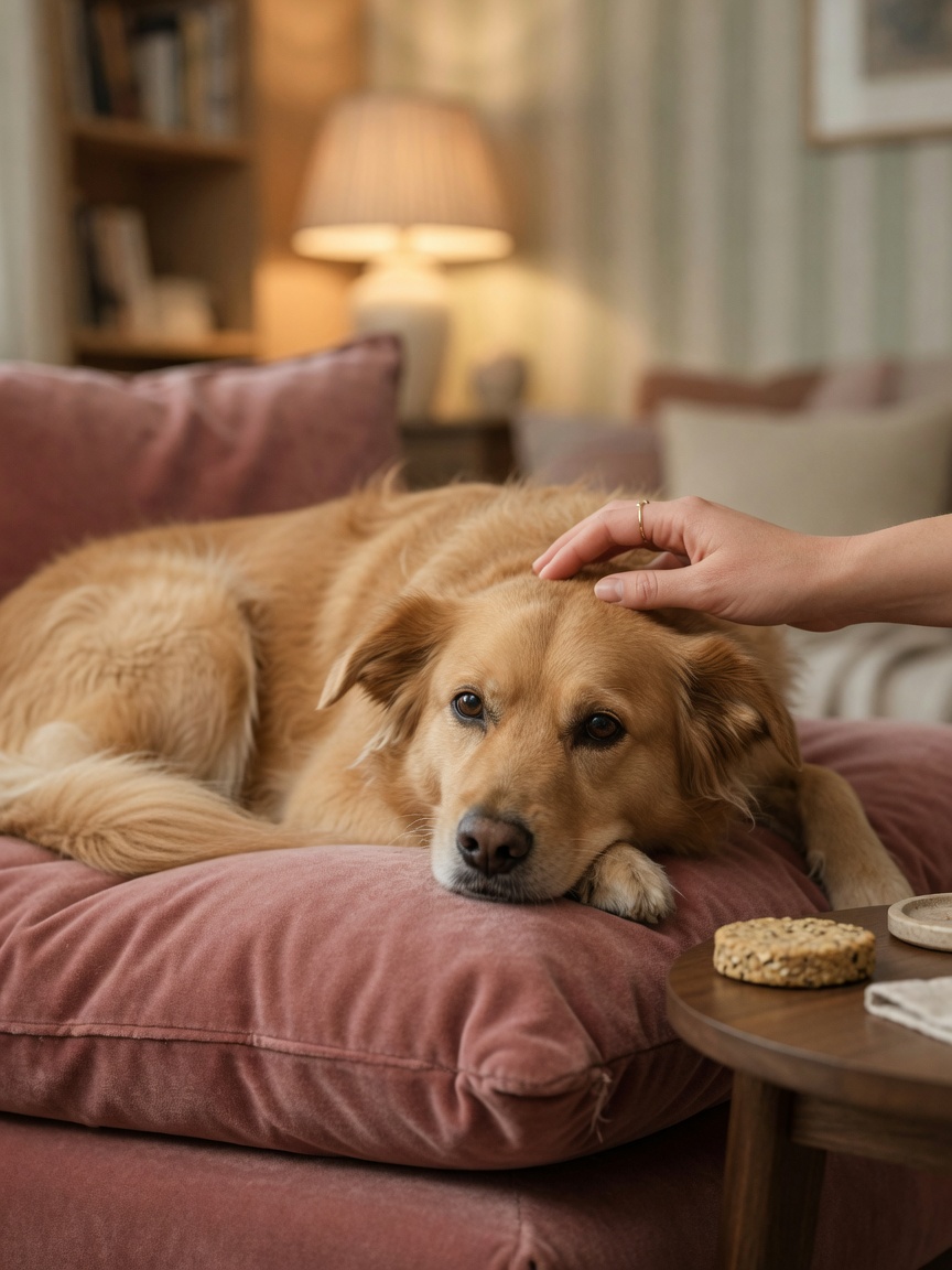 Owner rewarding calm dog behavior with gentle petting and affection