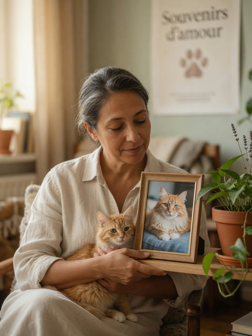Une personne tenant une photographie encadrée de son chat tout en s'asseoir tranquillement à l'intérieur, avec une plante en pot à proximité, capturée à la lumière naturelle chaleureuse suggérant le souvenir silencieux et la guérison