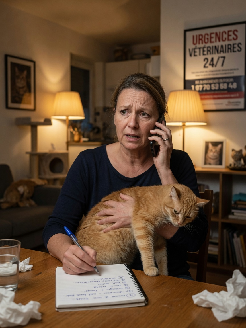 Propriétaire d'animal de compagnie appelant une clinique vétérinaire d'urgence tout en tenant un chat malade, situation d'intervention d'urgence