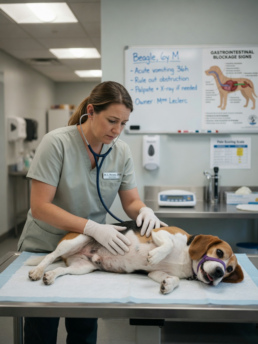 Vétérinaire effectuant un examen abdominal sur un beagle lors d'une évaluation d'urgence pour un objet ingéré