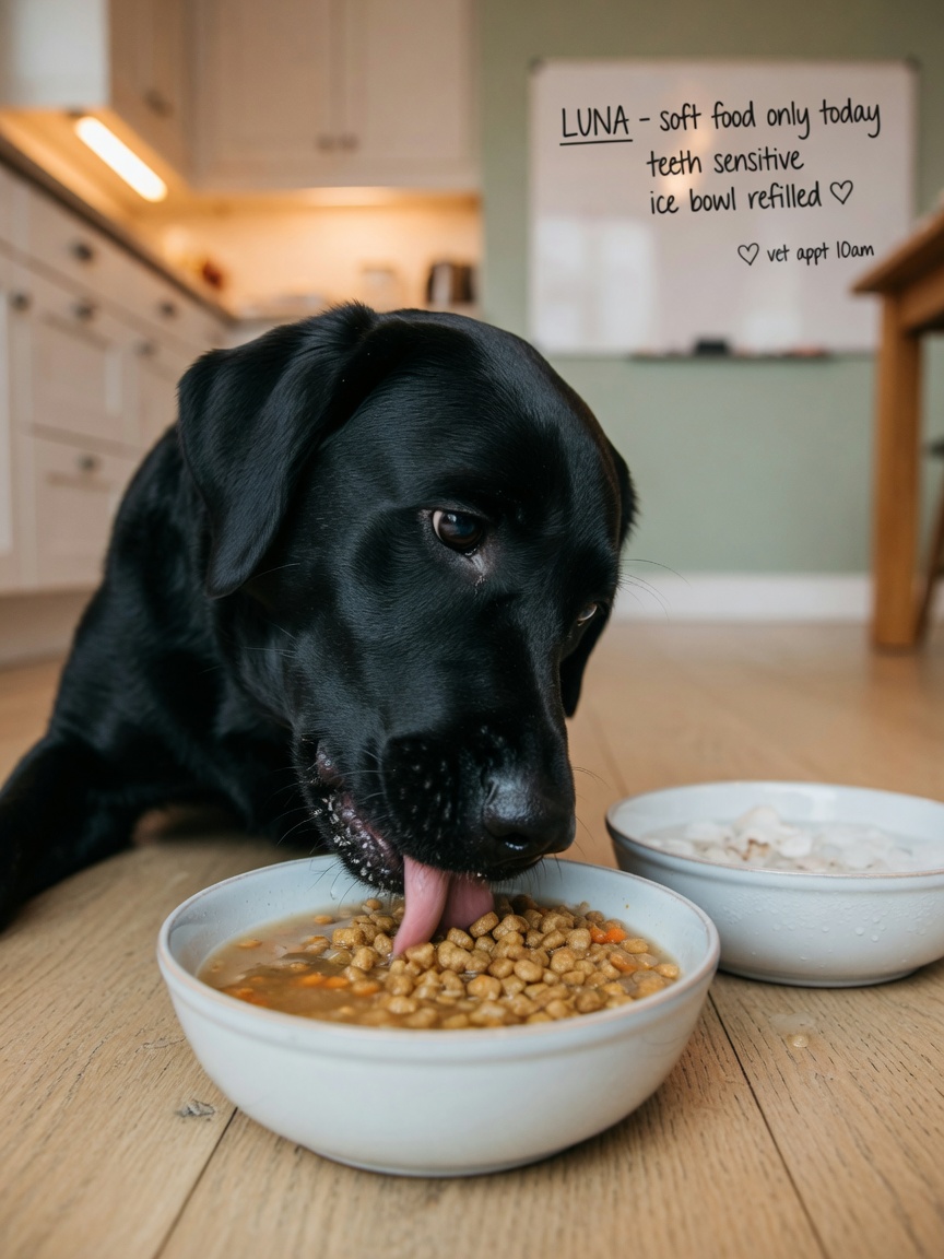 Black Labrador eating soft, cooled food during post-cleaning recovery with ice chips nearby for gum relief
