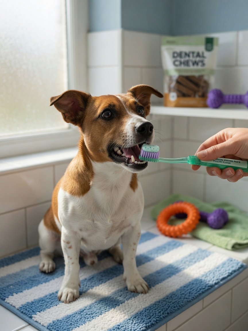 Jack Russell Terrier receiving daily teeth brushing with soft-bristled brush during long-term dental maintenance routine