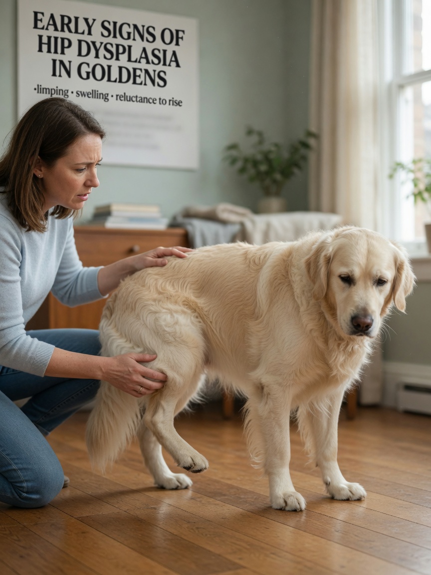 Golden Retriever limping on hind leg with owner observing at home