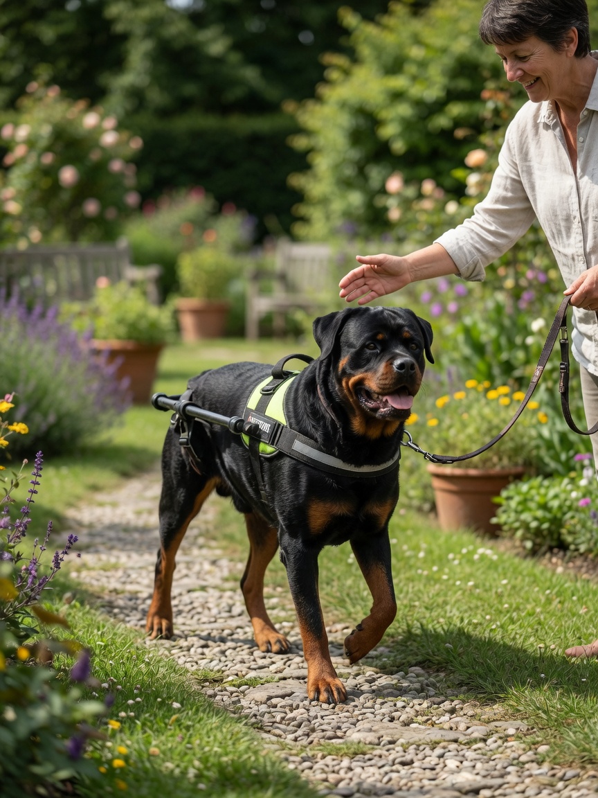Rottweiler walking confidently on three legs in garden with supportive owner