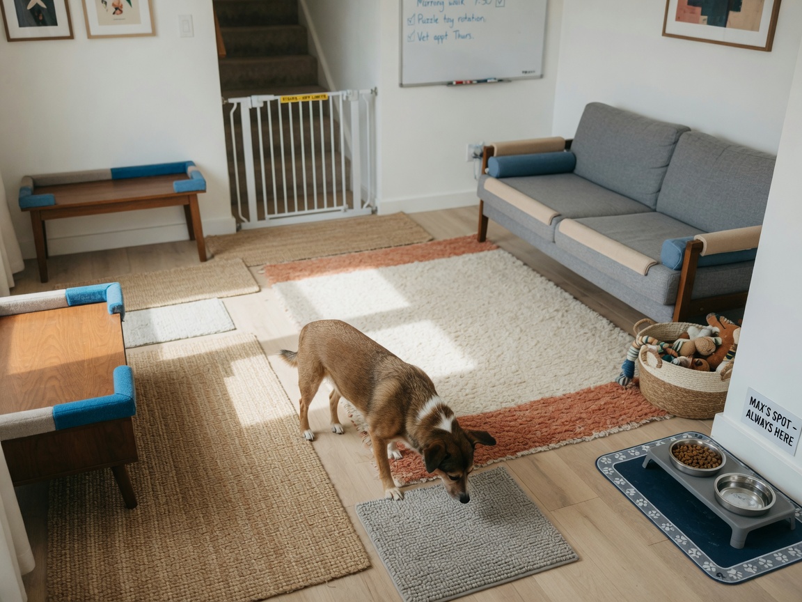 A modified home interior showing safety features for a blind dog including padded corners, baby gates, consistent food bowl placement, and textured rugs