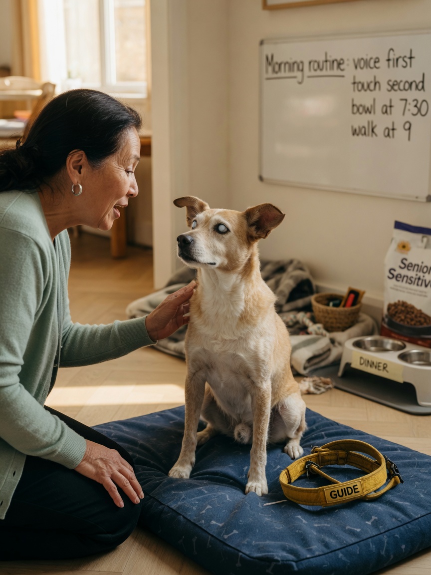An owner speaking warmly and gently to a blind dog, building trust through consistent verbal communication and predictable interaction