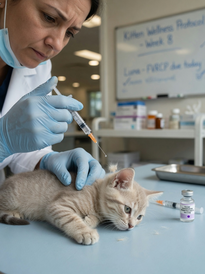 Veterinario administrando una vacuna a un gatito atigrado durante la primera visita veterinaria