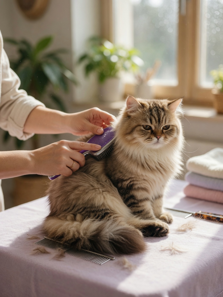 Owner brushing a Minuet cat's long coat during grooming care