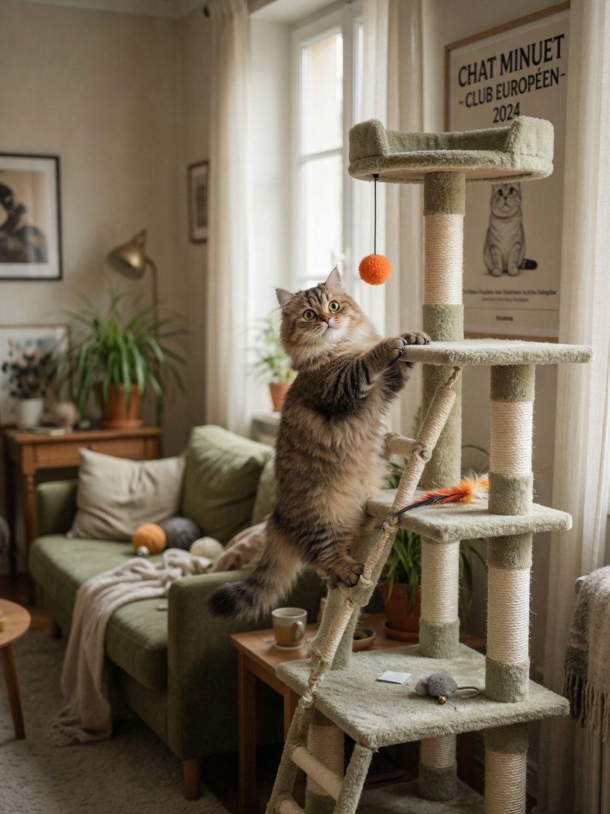 A Minuet cat climbing a cat tree for exercise and enrichment