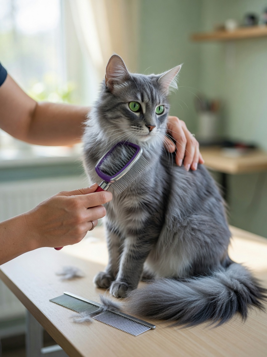 Nebelung cat being groomed with a slicker brush and metal comb to maintain its silvery-blue double coat