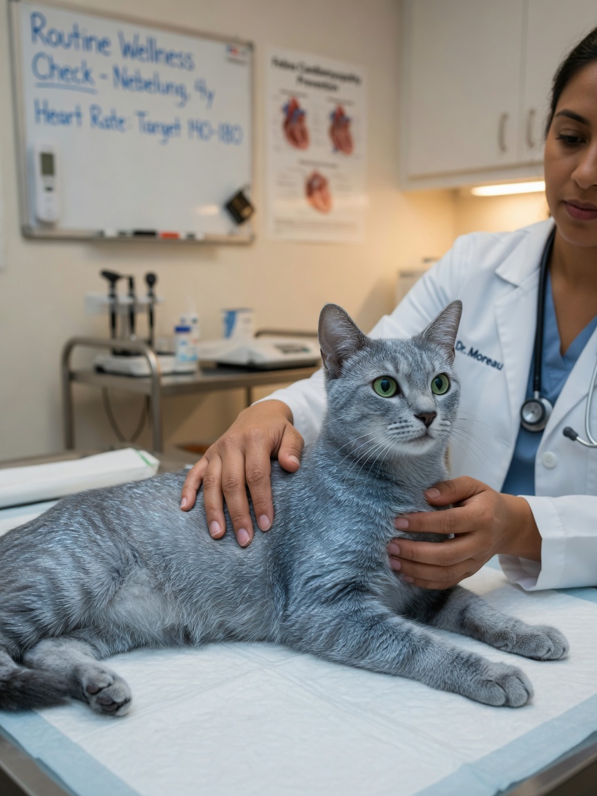 Veterinarian examining a Nebelung cat during a routine health check, gently palpating its chest