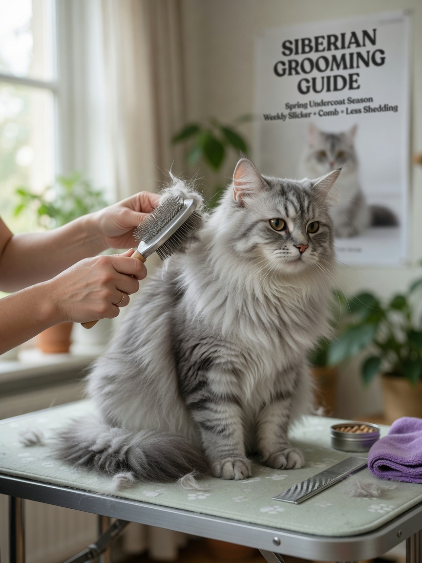 Sibirische Katze wird mit einem Metallkamm während einer Pflegesitzung gebürstet, das luxuriöse Fell und die Ohrquasten zeigend